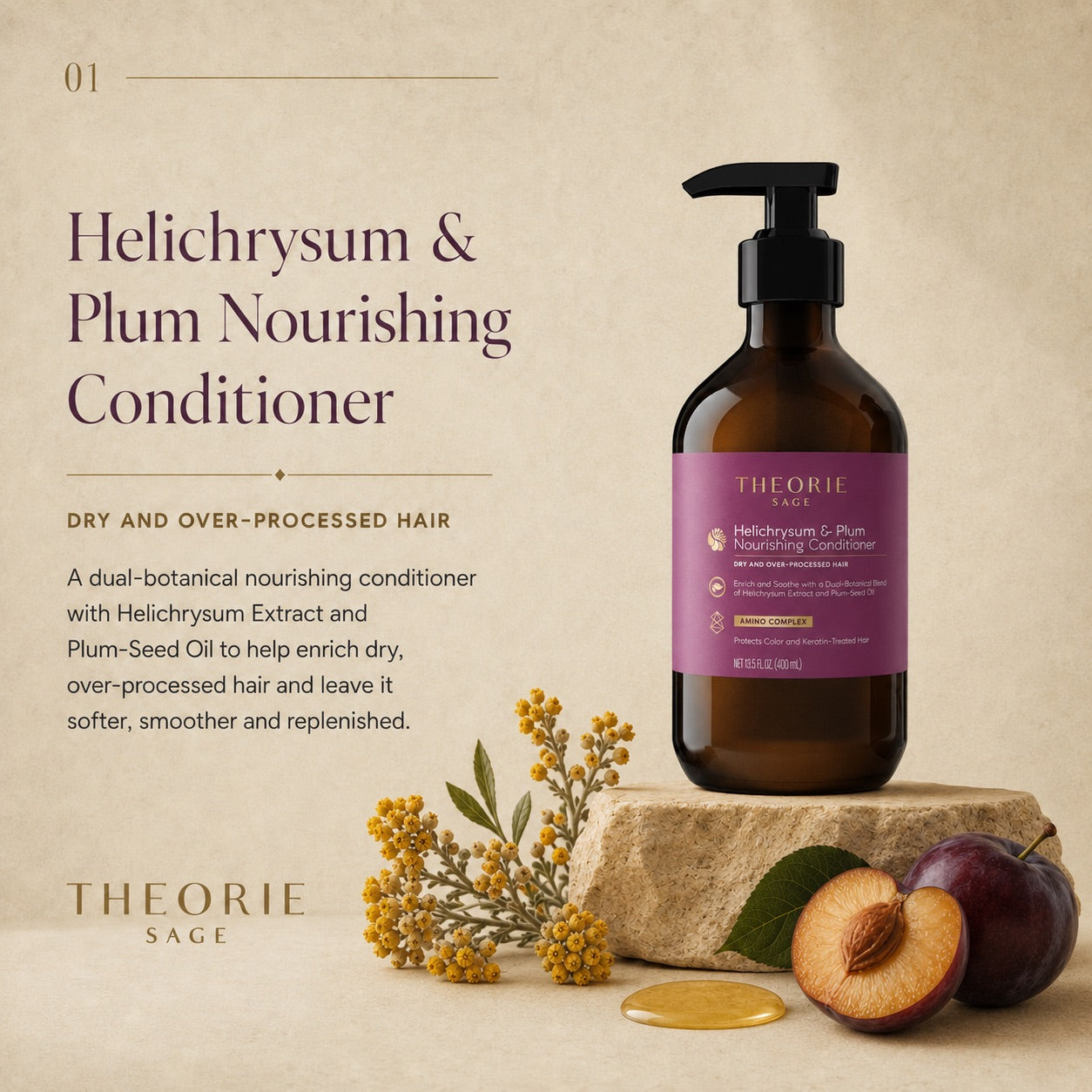Helichrysum & Plum Nourishing Conditioner bottle with ingredients on a beige background