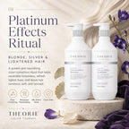 Theorie Platinum Effects Ritual shampoo and conditioner bottles with decorative elements on a neutral background