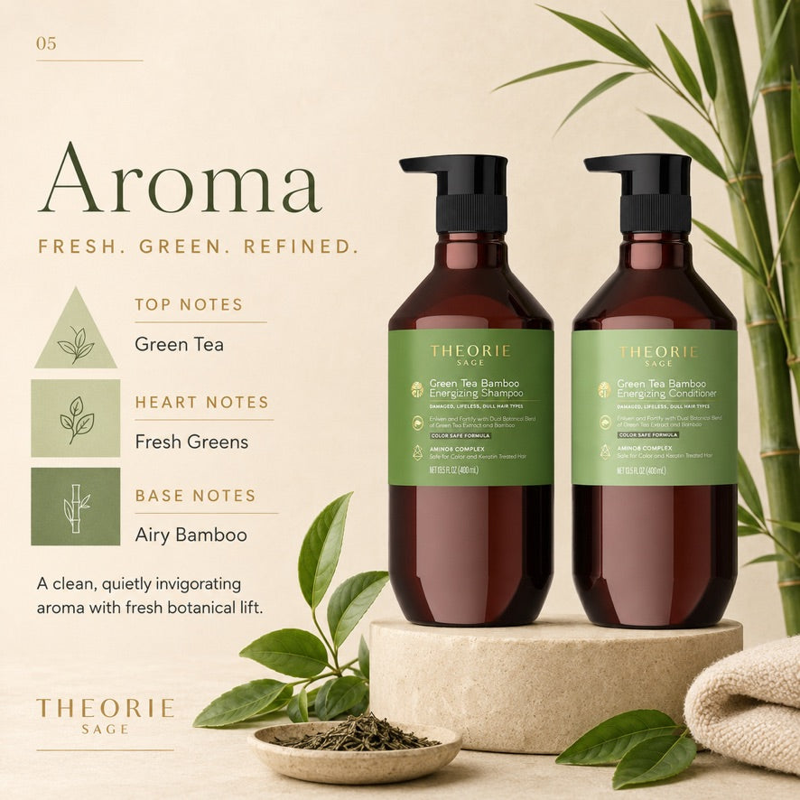 Two bottles of Theorie Sage with green labels on a neutral background with plants.