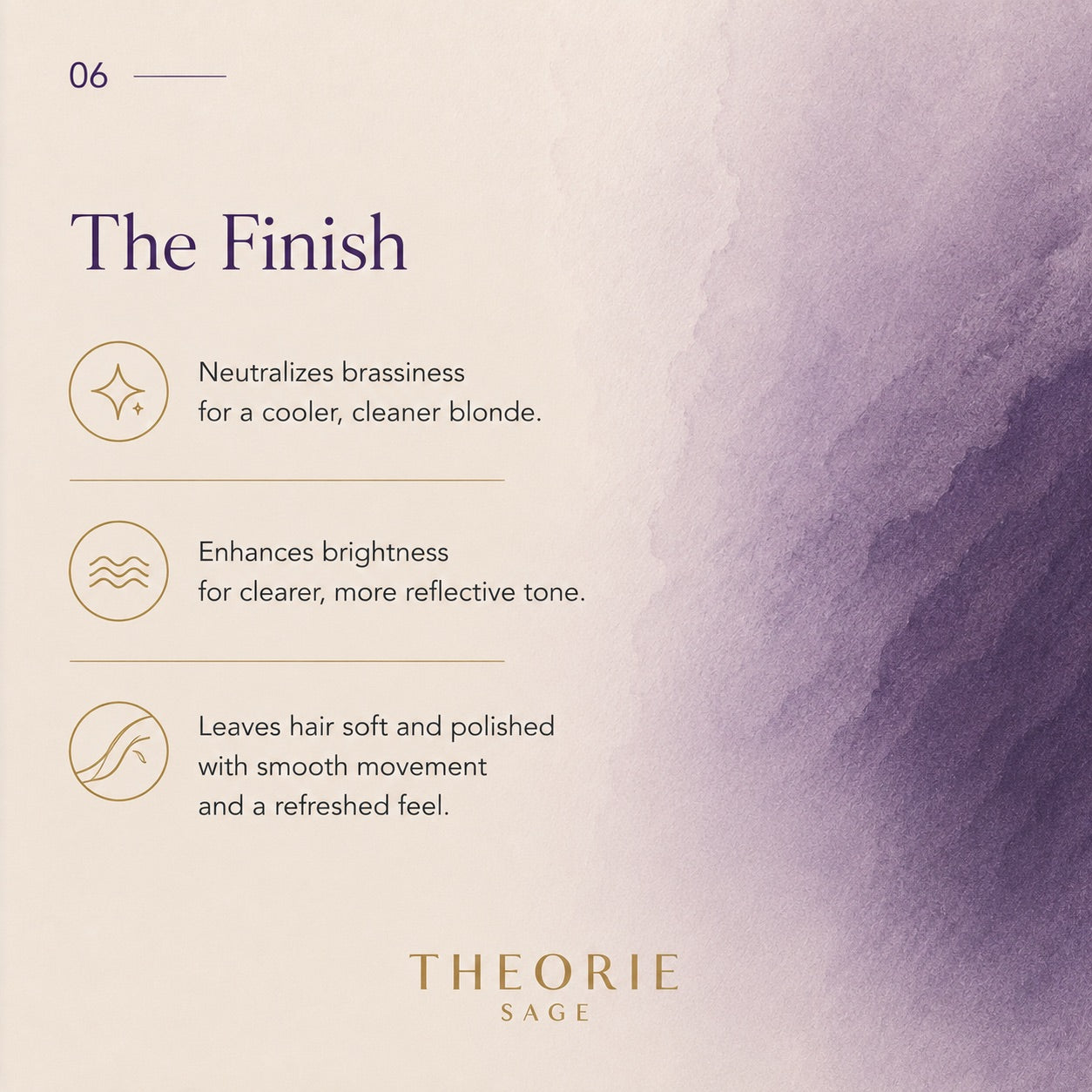 Theorie Sage product description with purple gradient on a light beige background