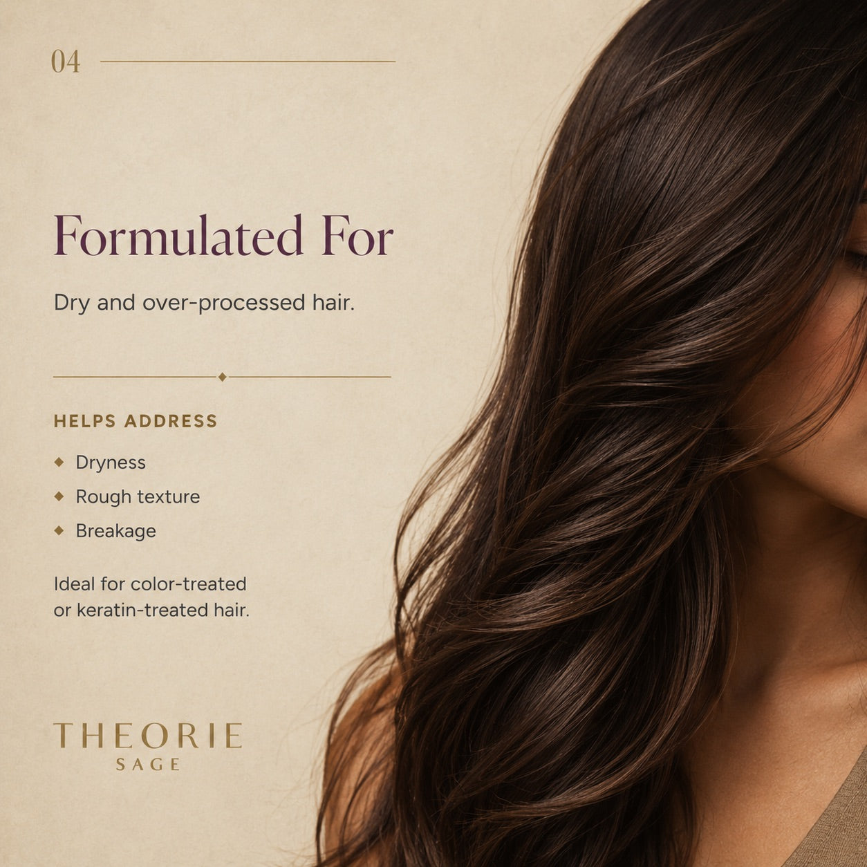 Advertisement for Theorie Sage hair product showing a woman with long, wavy hair on a beige background.