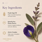 Key ingredients of a skincare product with purple sage oil, butterfly pea flower extract, and amino complex on a beige background.