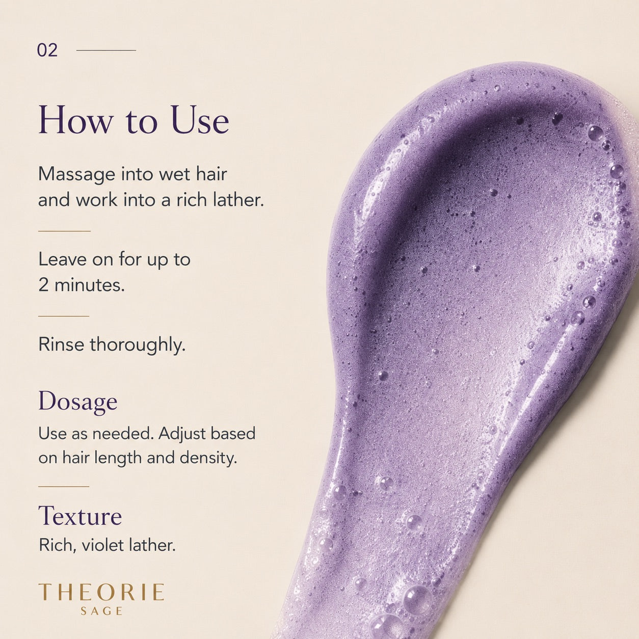 Purple shampoo bar with usage instructions on a beige background, featuring the brand 'Theorie'.