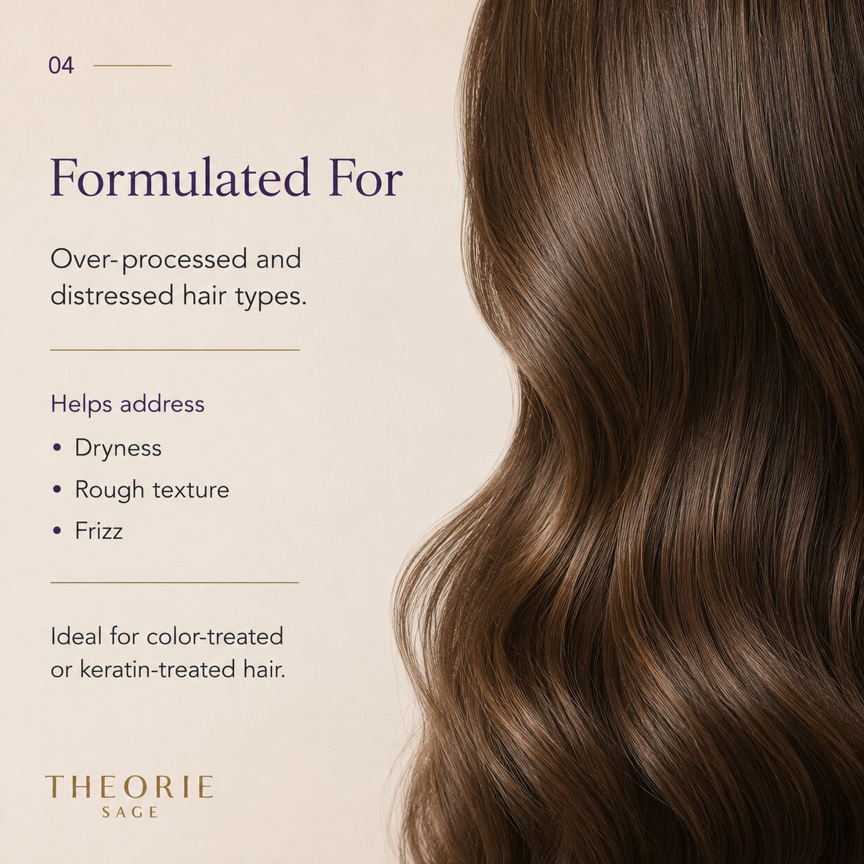 Text about hair care product for over-processed and distressed hair, with a close-up of wavy brown hair on a beige background.