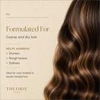 Hair product description for coarse and dry hair with Theorie branding.