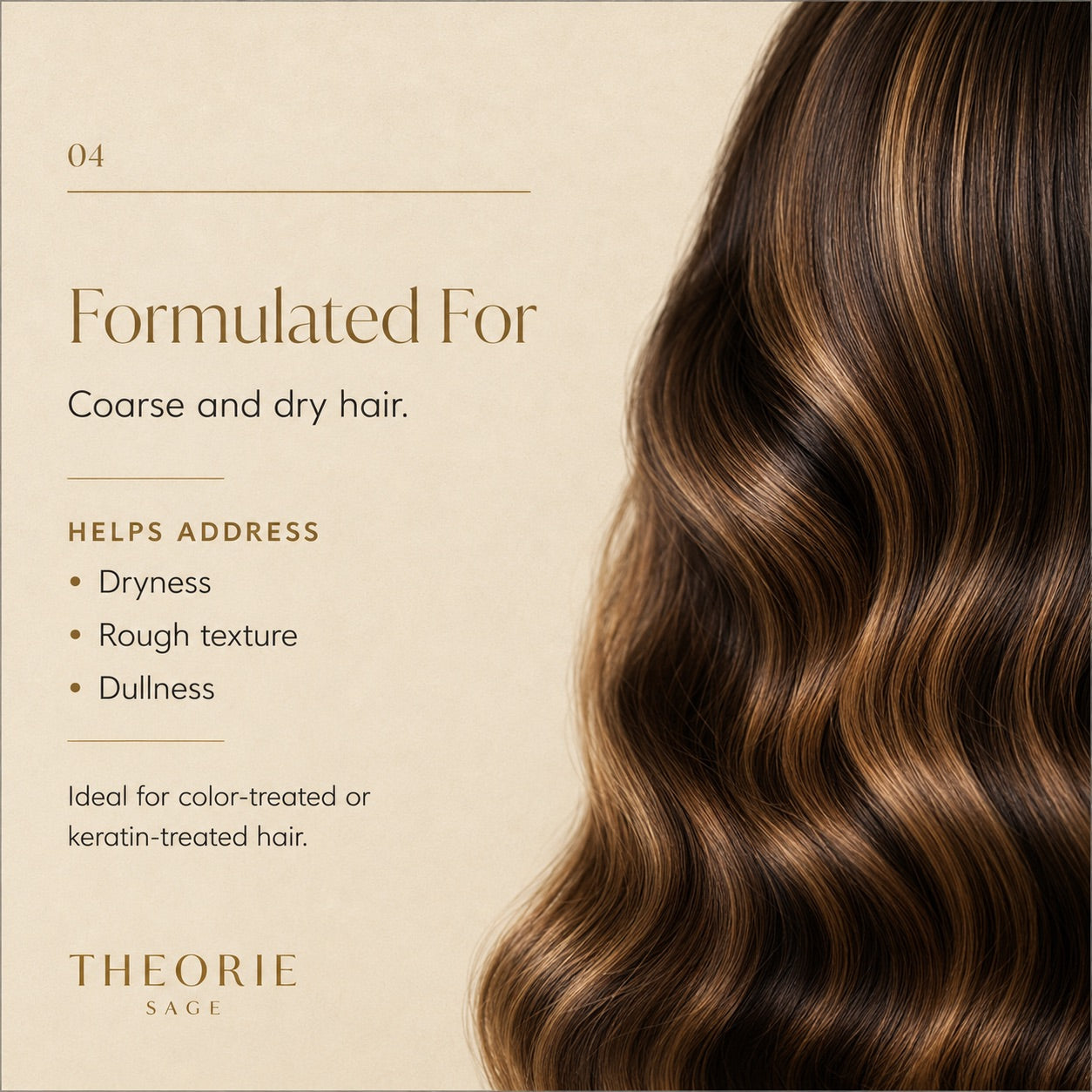 Hair product description for coarse and dry hair with Theorie branding.