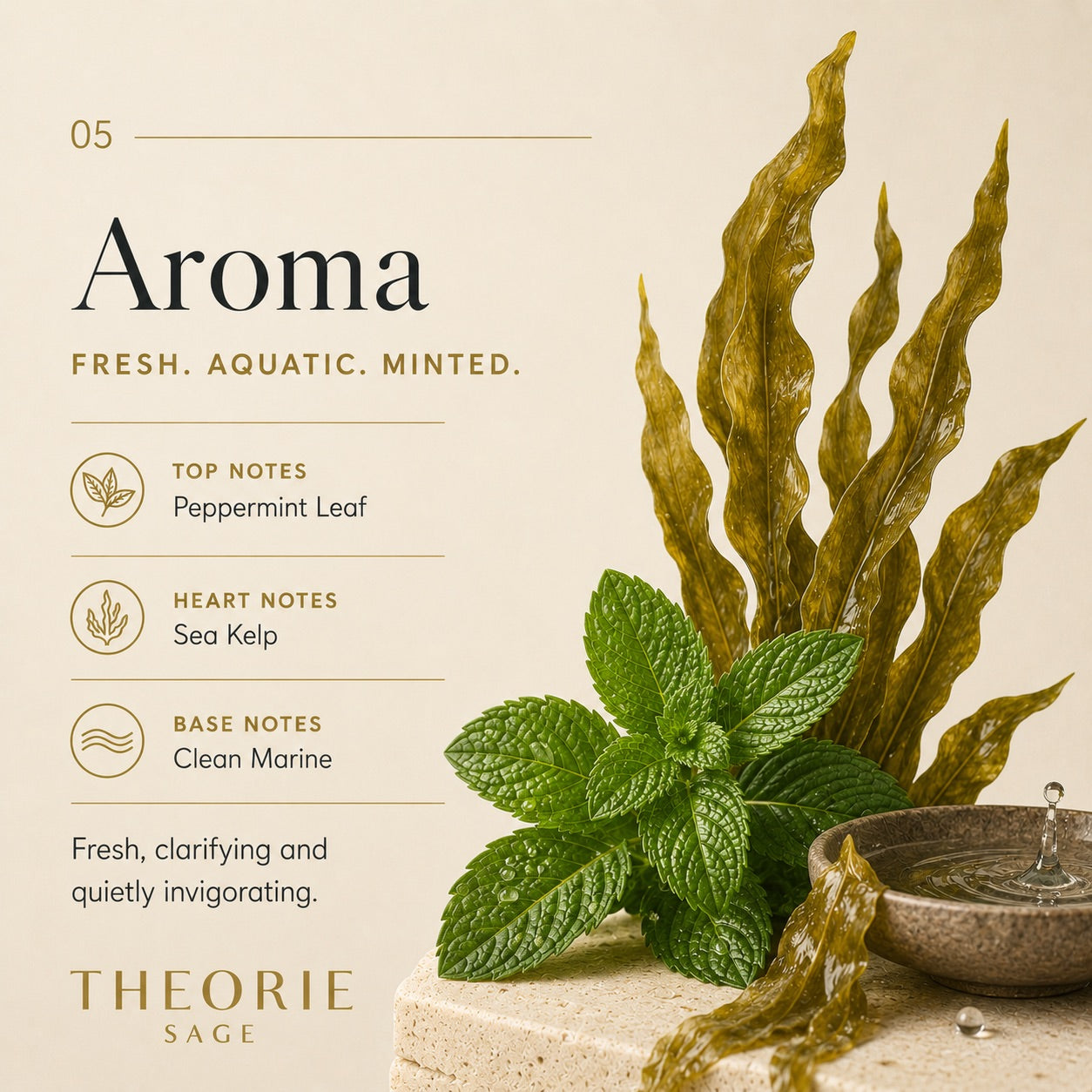 Theorie Sage fragrance description with mint and seaweed elements on a beige background