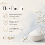 Product packaging with text about its benefits on a light background, featuring the brand 'Theorie Pure'.