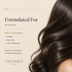 Text about hair care product with a side view of wavy brown hair on a beige background, featuring the brand 'Theorie'.