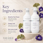 Theorie Color Therapy shampoo and conditioner bottles with butterfly pea flowers and ginkgo leaves on a decorative background.