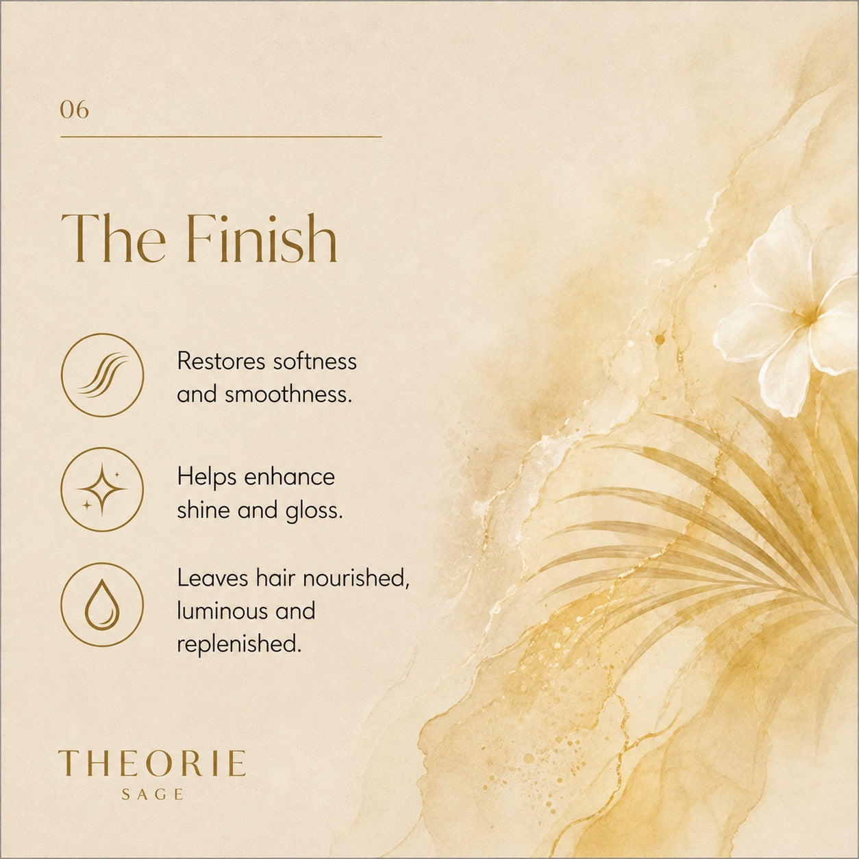 Promotional image for Theorie Sage hair care product with text and floral design.