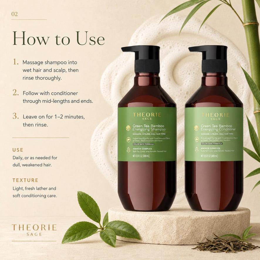 Two bottles of Theorie Sage hair care products on a neutral background with green leaves.