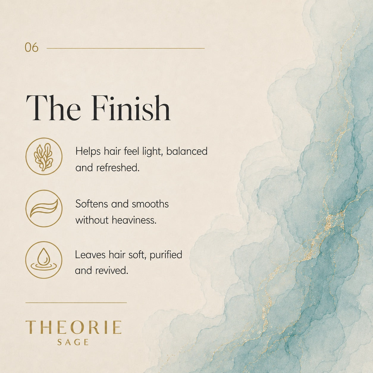 Product description card for 'The Finish' by Theorie Sage with text and minimal design.