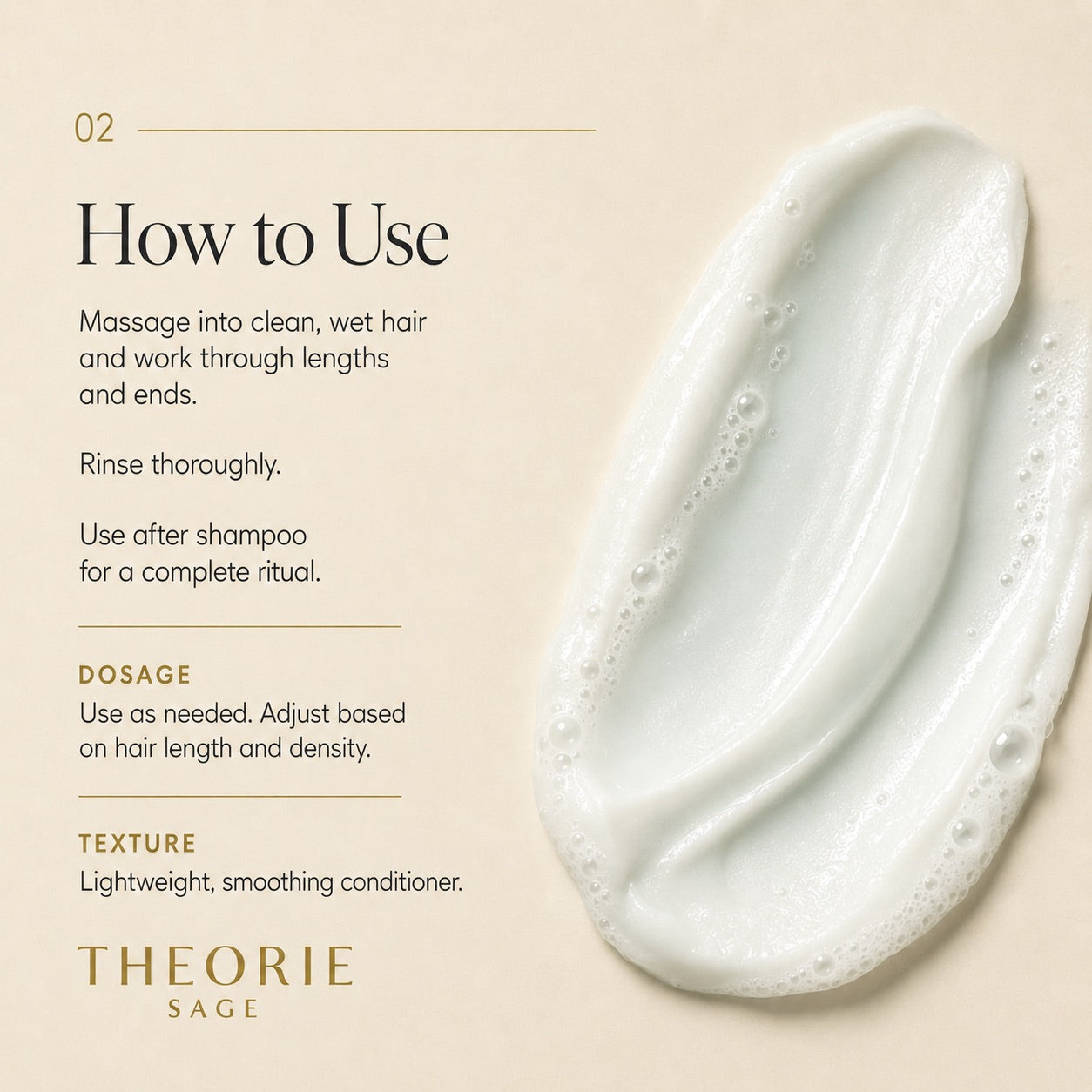 Theorie Sage conditioner on a beige background with usage instructions.