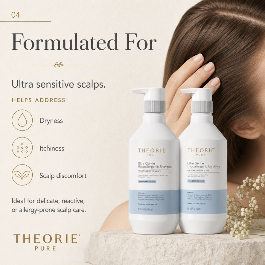 Theorie Pure shampoo and conditioner bottles with a woman touching her hair, on a beige background.