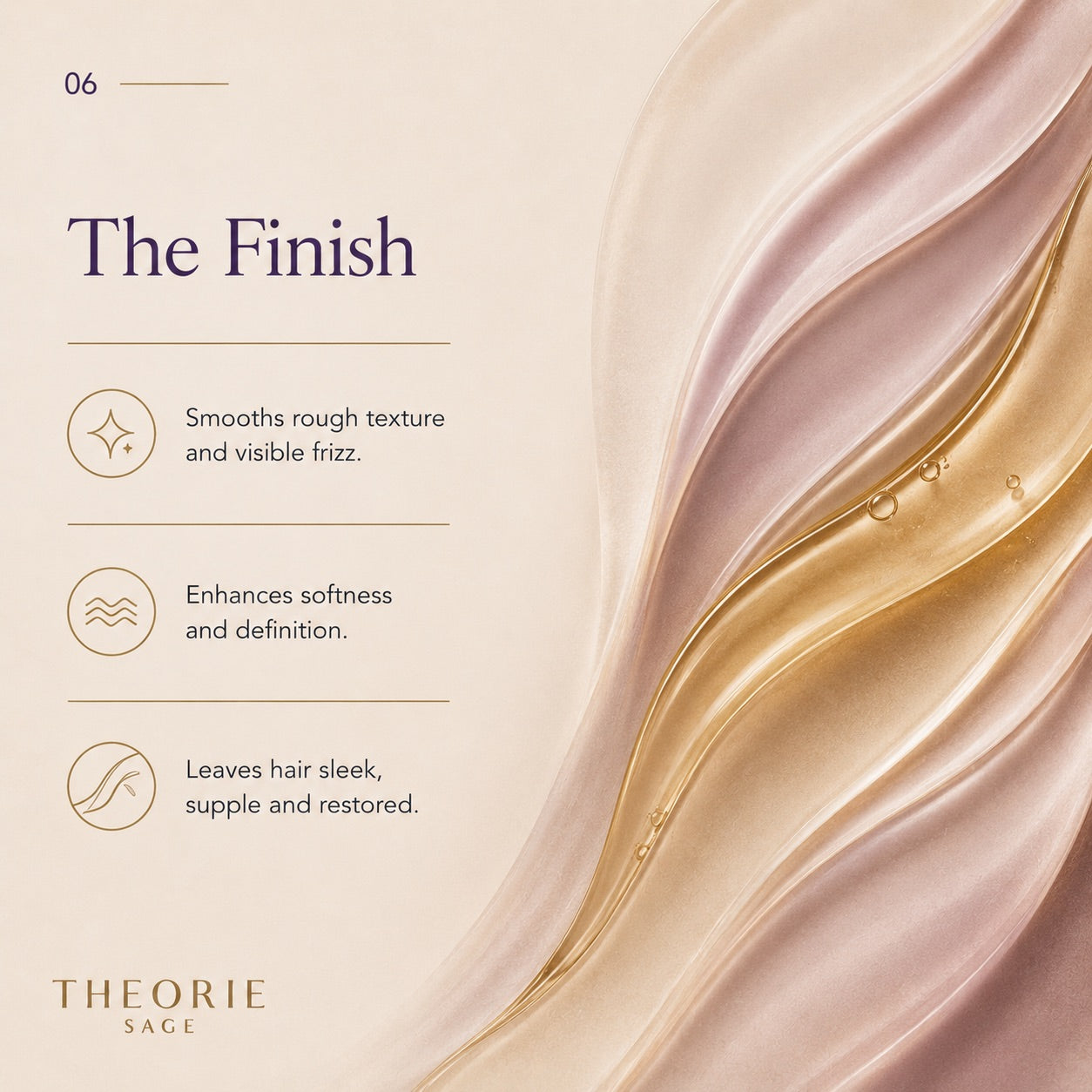 Product description card for 'The Finish' with smooth texture and visible frizz reduction, featuring Theorie Sage brand.