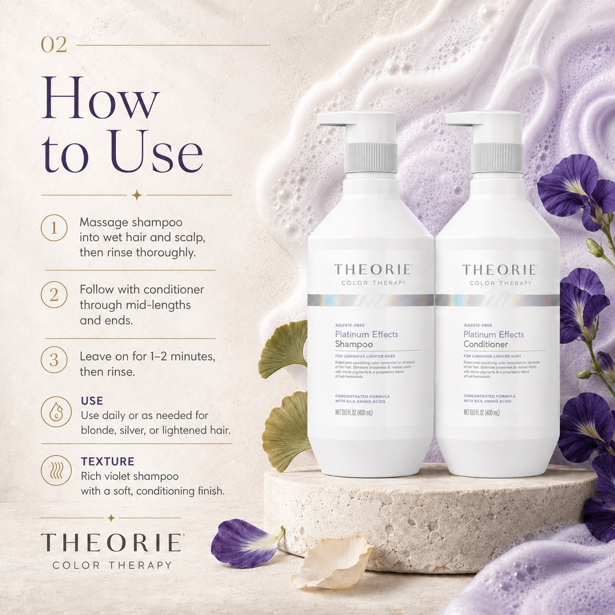 Theorie shampoo and conditioner bottles with usage instructions on a decorative background