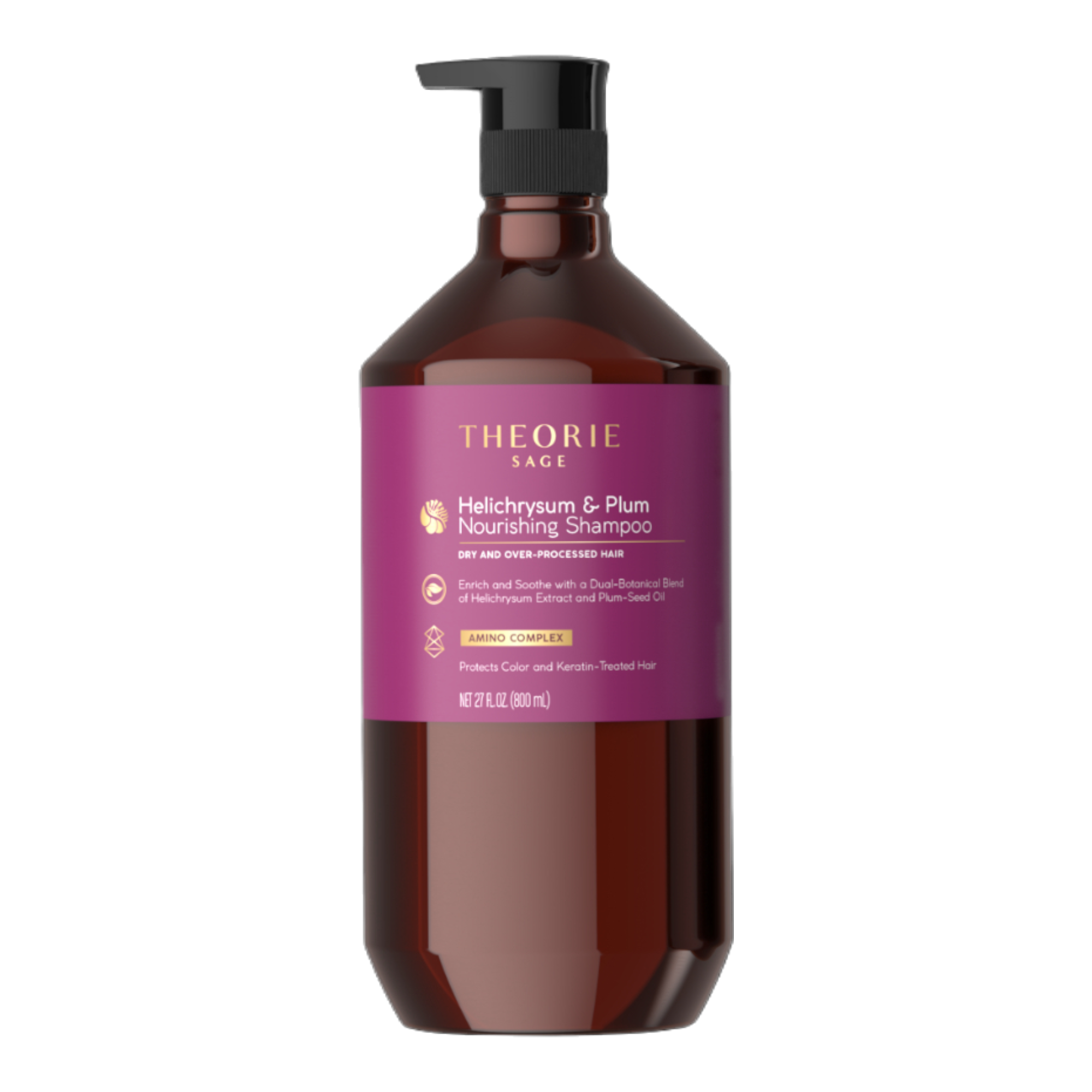 Theorie Helichrysum & Plum Nourishing Shampoo bottle with purple label on a white background
