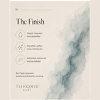 Theorie Body product packaging with text about skin benefits on a beige background